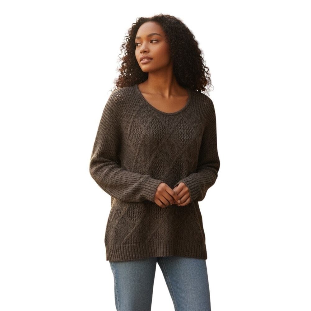 American Eagle Sweater Large Brown Pullover Pointelle Diamond Knit Wool Mix